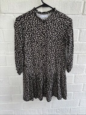 Zara Button Down Black and White Ditsy Floral Tiered Dress sz 10